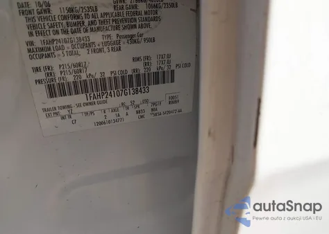 2007 Ford Five Hundred Sel from USA, damaged, VIN 1FAHP24107G138433